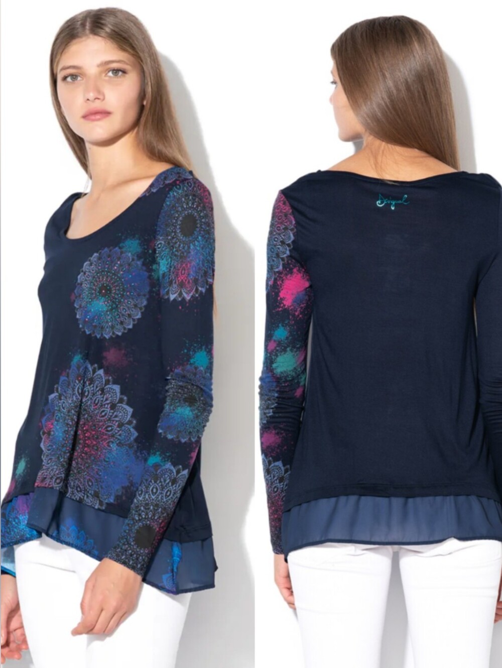 NEW Desigual Bolonia Mandalas Long Sleeve Tunic Top Womens Size Medium Navy Blue